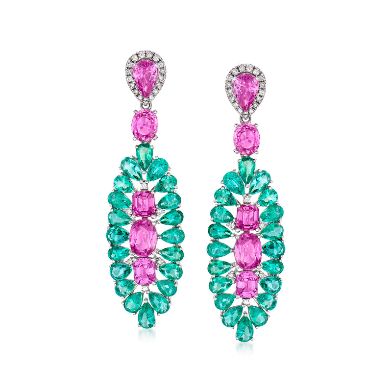 Pink sapphire and emerald drop earrings with diamond details in white gold