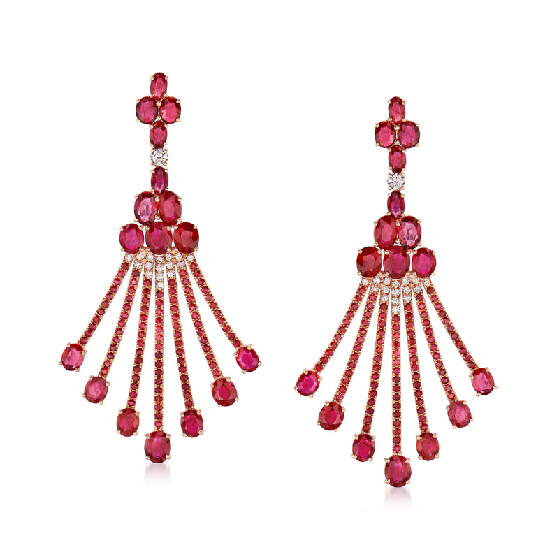 18kt rose gold ruby and diamond drop earrings with chandelier pink stones