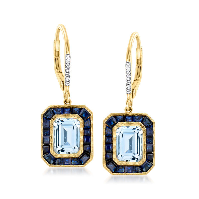 14kt yellow gold drop leverback earrings with aquamarine center, sapphire halo, diamond accents