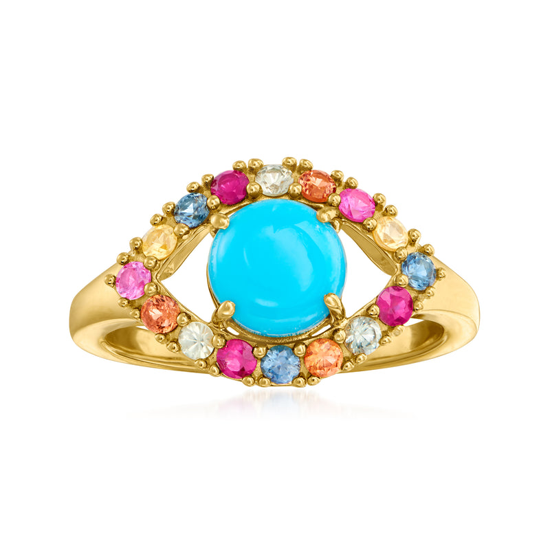 Gold evil-eye ring with oval turquoise center and multicolored gemstone bezel