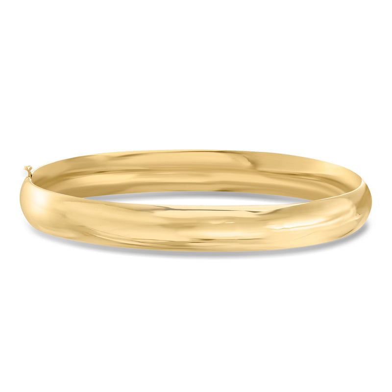 Polished 14k yellow gold bangle bracelet with smooth, rounded profile