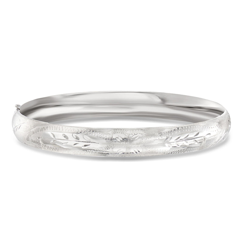 14kt white gold bangle bracelet with floral engravings, polished finish