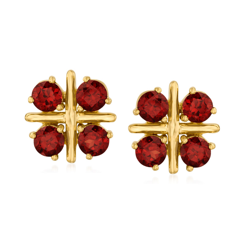 Gold over sterling garnet cluster post earrings, four red stones per side