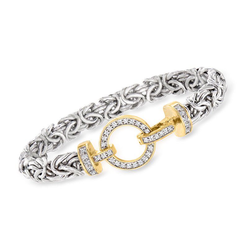 Sterling silver diamond Byzantine bracelet with interlocking links and gold-tone clasp