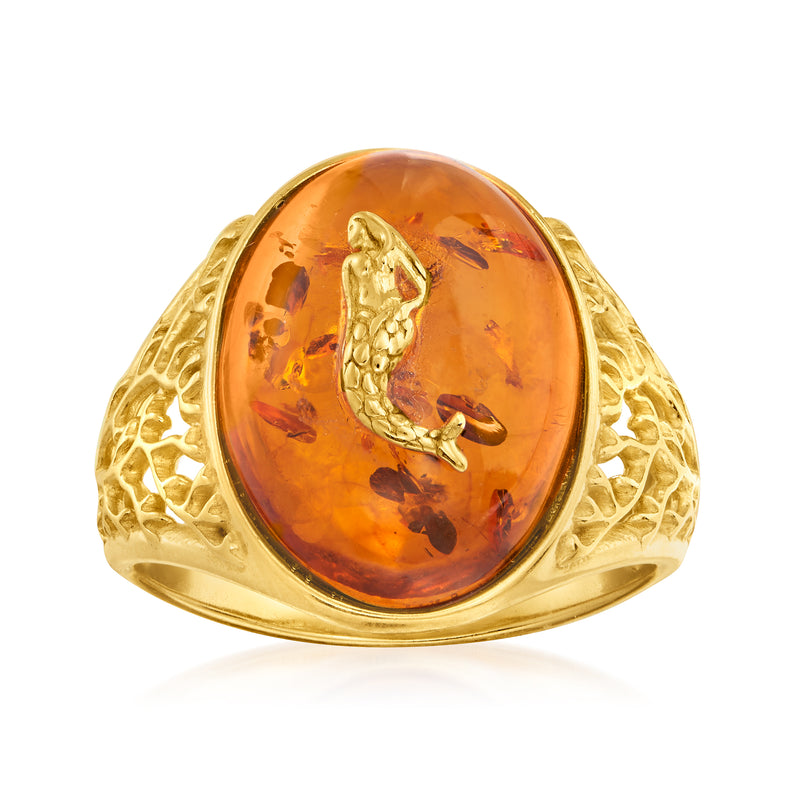 Amber mermaid ring in 18kt gold over sterling with oval amber gemstone and mermaid detail