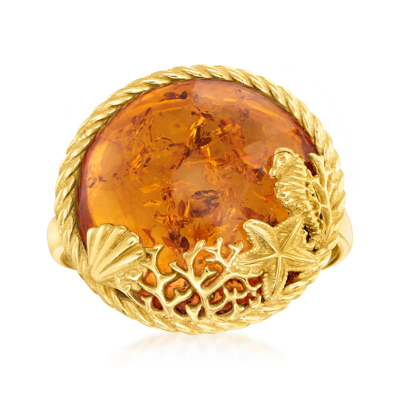 Amber cabochon sea life ring, gold over sterling with starfish detail