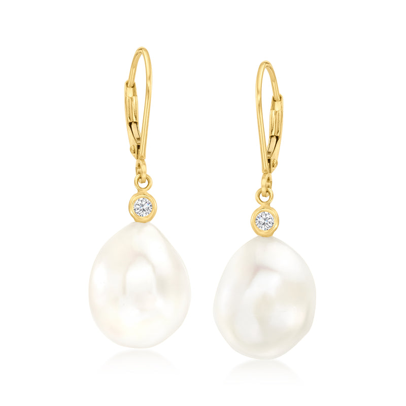 14kt yellow gold cultured pearl drop leverback earrings with small diamond accents