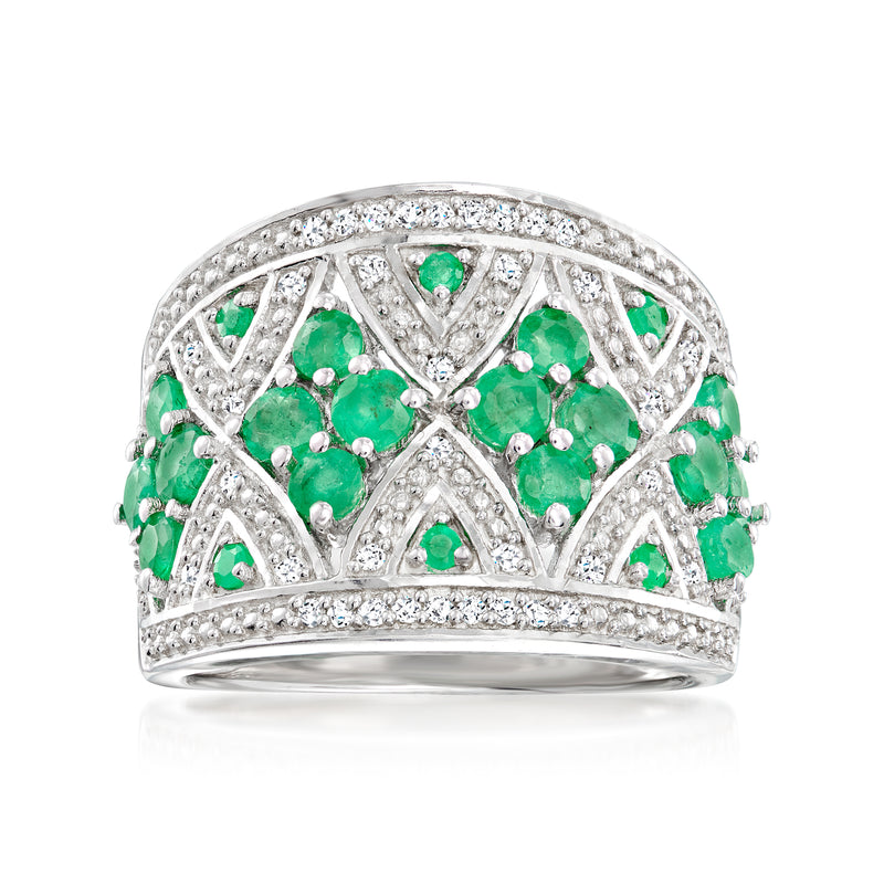 Sterling silver ring with green emerald cluster and round diamond accents, prong set