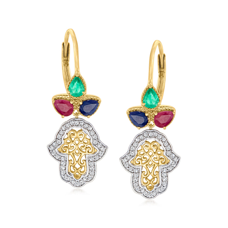 Gold over sterling hamsa hand drop earrings with turquoise, pink, navy stones and leverback