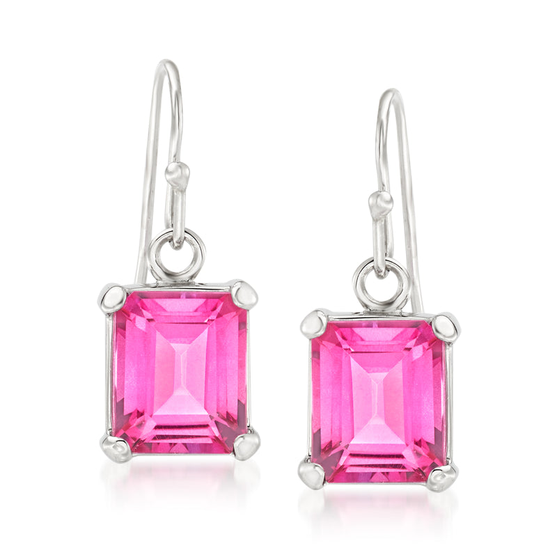 Sterling silver earwire drop earrings with pink topaz square-cut gemstone