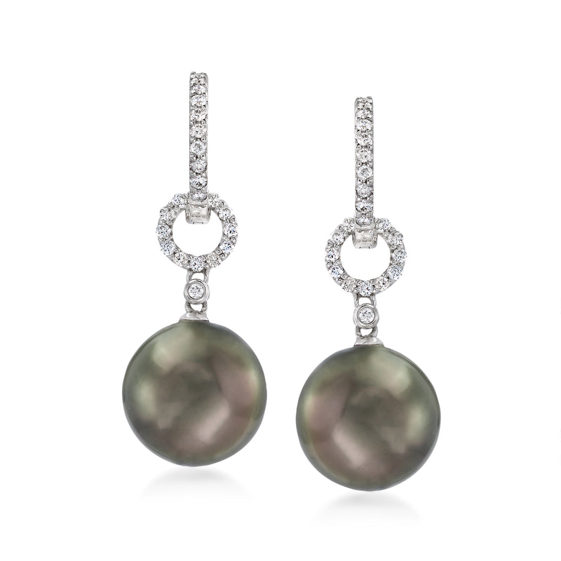 White gold drop earrings with dark cultured pearl and diamond halo top