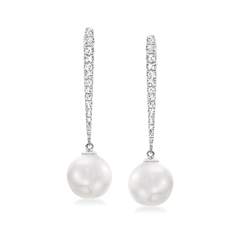 Cultured South Sea pearl drop earrings with diamond pavé in white gold