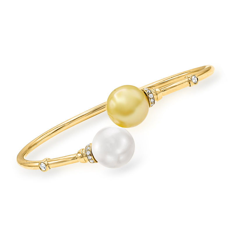 18kt yellow gold bypass bangle with golden and white cultured pearls and diamond accents