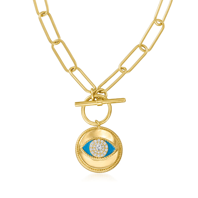 18kt gold over sterling evil eye necklace with round blue enamel pendant and stones