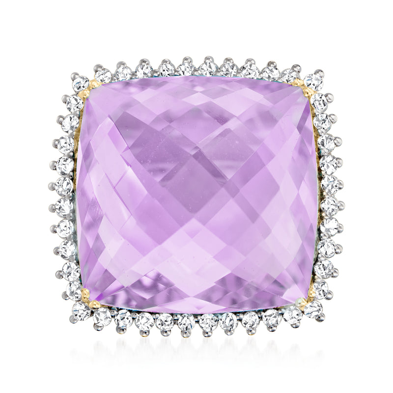 Cushion-cut amethyst ring with diamond halo and 14kt yellow gold accents