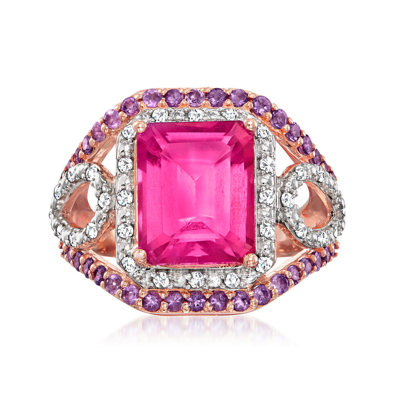 18kt rose gold over sterling silver ring with large pink gemstone, purple amethyst halo