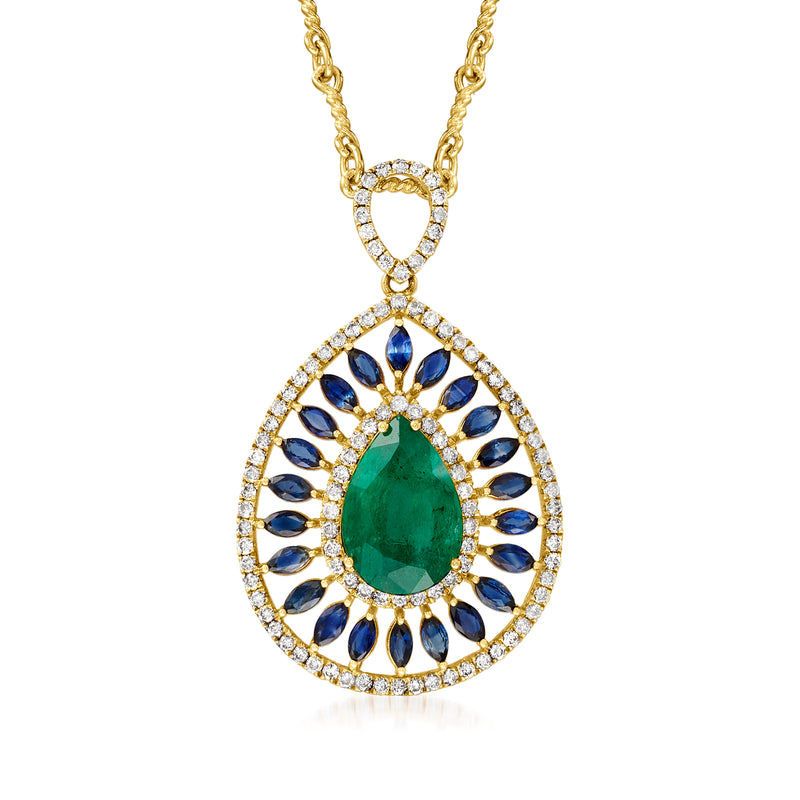Teardrop pendant necklace with green center gemstone, blue accents, and gold chain