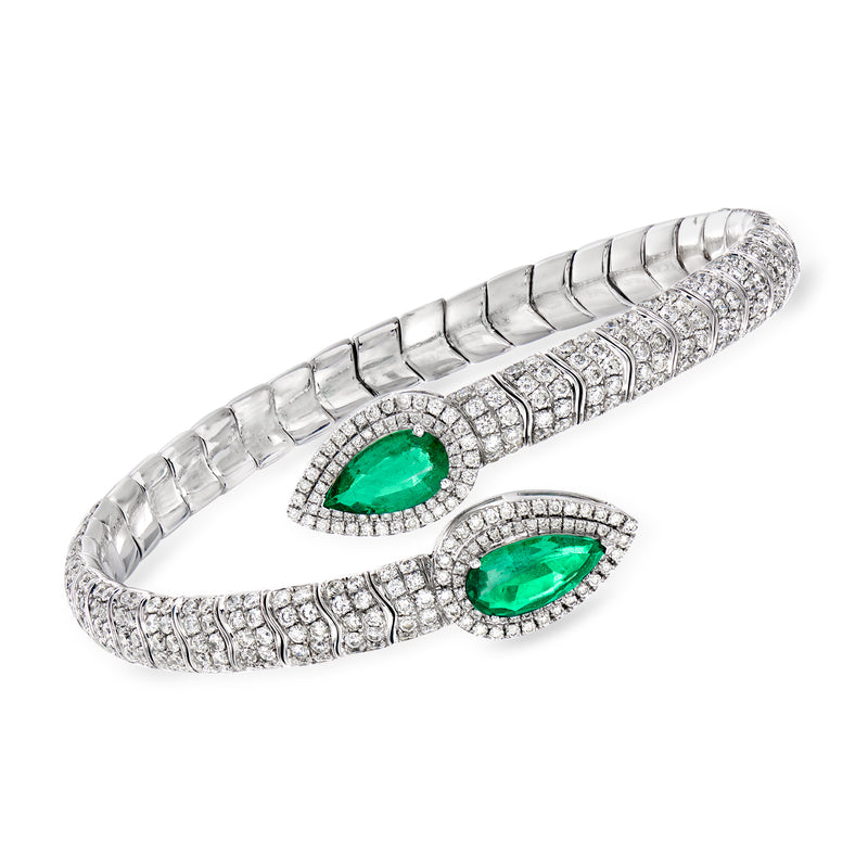 18kt white gold bypass bangle bracelet with pear emeralds and diamonds