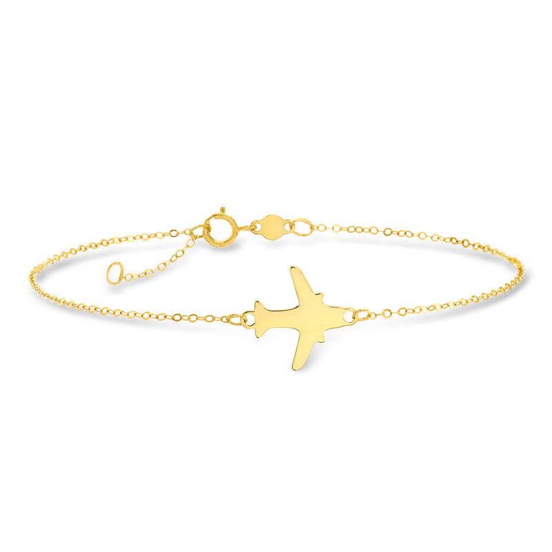 14kt yellow gold airplane charm bracelet with linked chain and round clasp