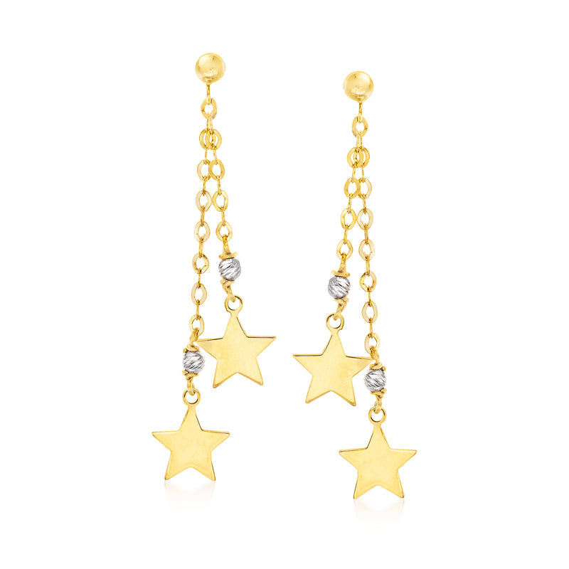 Two-tone gold star drop earrings with dangling chain and round accents