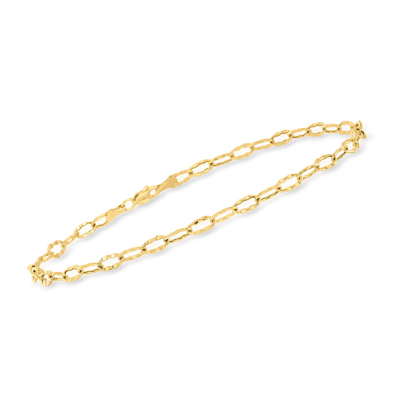 Crimped cable-link 14kt yellow gold anklet with elongated oval link chain