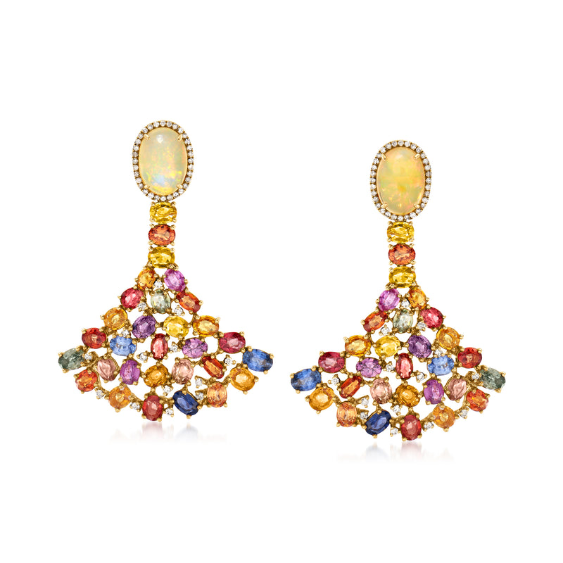 Multicolored sapphire fan drop earrings in 18k yellow gold, opal top with diamond accents
