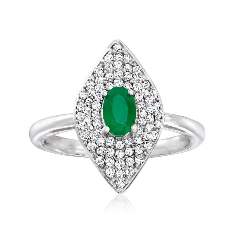 Marquise diamond halo ring with emerald-green center stone, 14kt white gold band