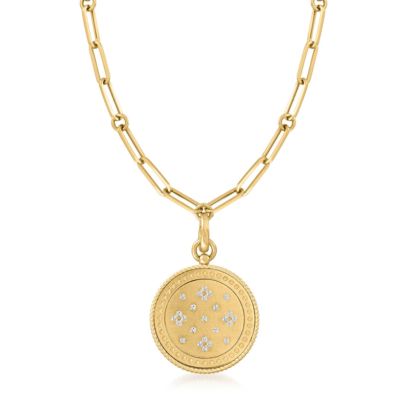 18kt yellow gold diamond disc pendant necklace with round pave diamond halo