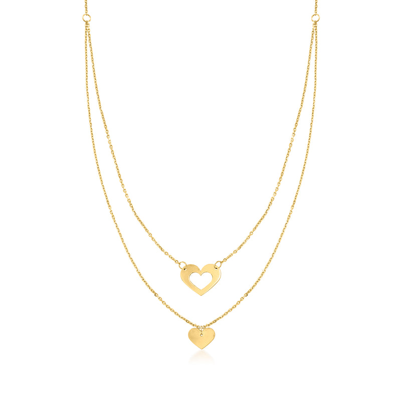 14kt yellow gold layered necklace with double hearts and fine chain links
