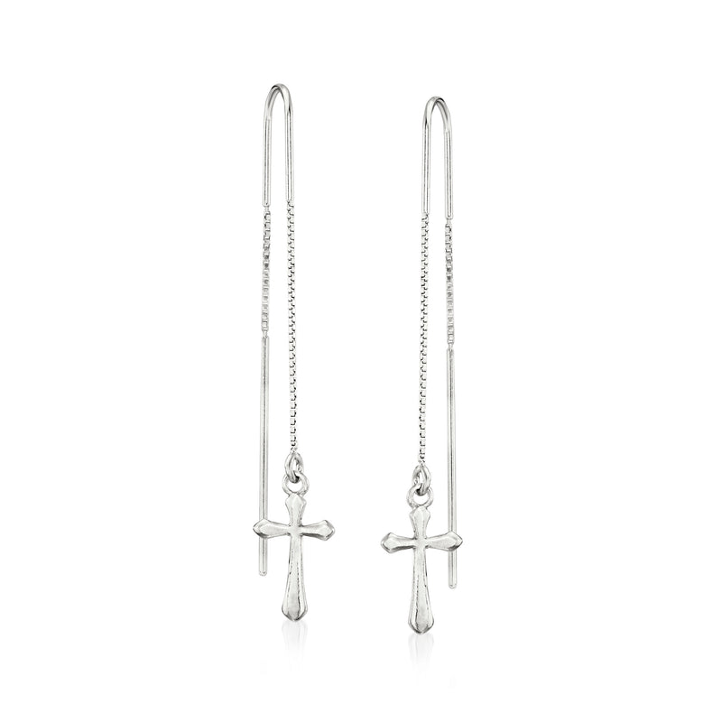 Sterling silver cross drop threader earrings with small dangling cross charms