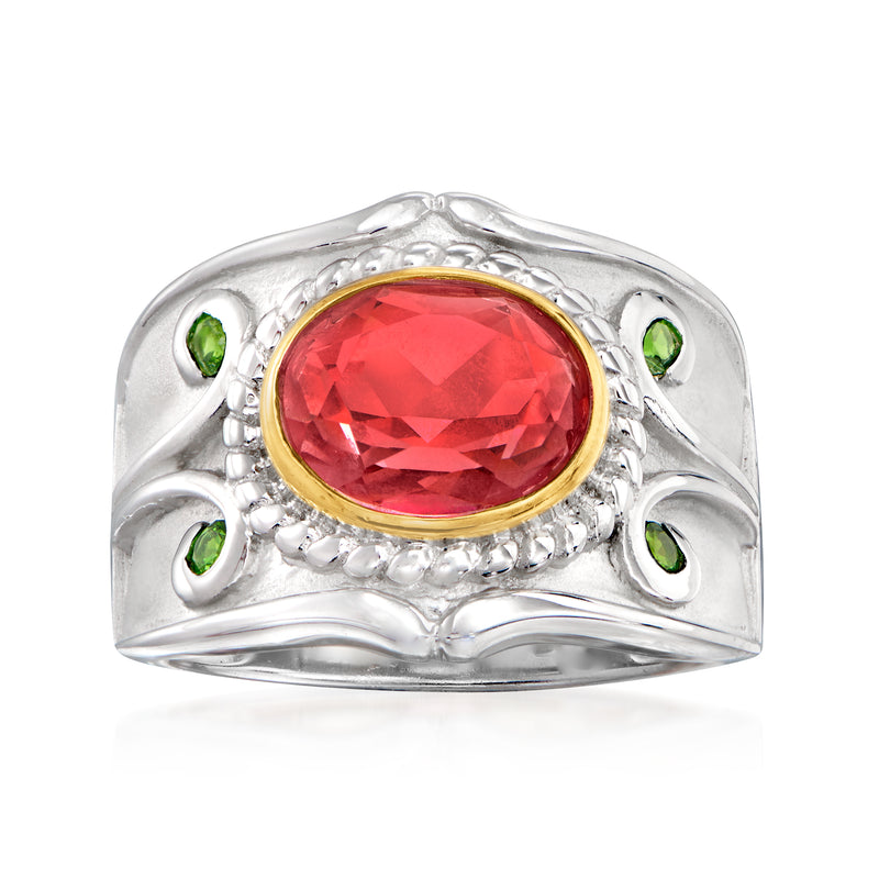 Two-tone sterling silver ring with oval pink quartz center and green gemstone side accents