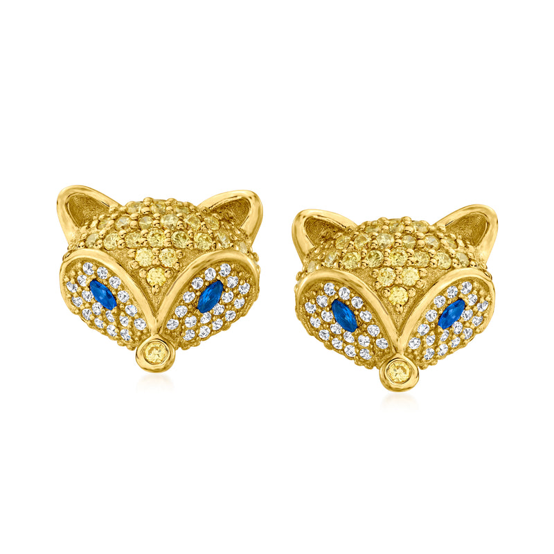 Gold-tone fox stud earrings with blue center stones and clear CZ-style accents, post back