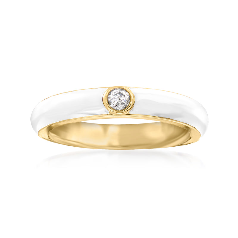 Two-tone white enamel and gold ring with round diamond bezel setting