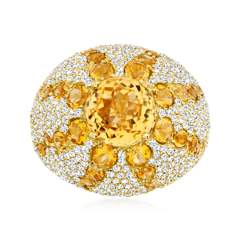 Vintage citrine and diamond ring, round halo and oval center, 18k yellow gold