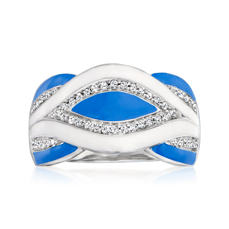 Sterling silver ring with blue enamel and diamond accents in an eye-shaped setting