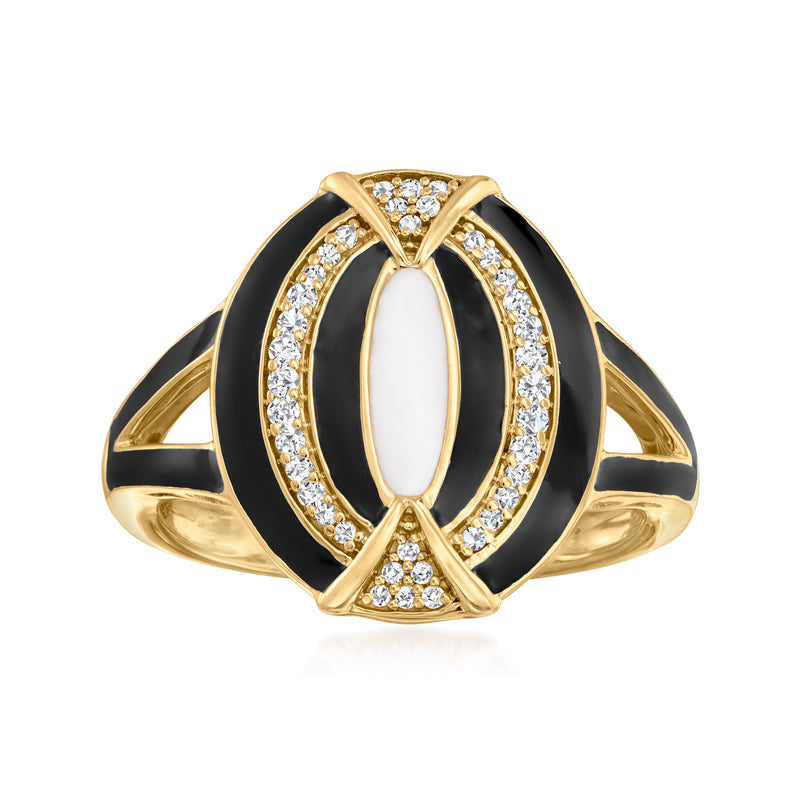 18kt gold over sterling ring with black enamel oval, framed by round diamond accents