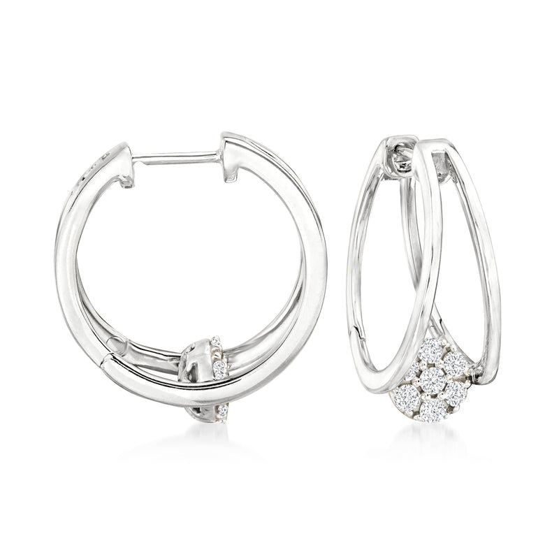 Sterling silver double-hoop earrings with diamond cluster drop detailing