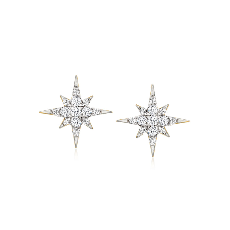 Diamond star stud earrings in 14kt yellow gold, round-cut stones
