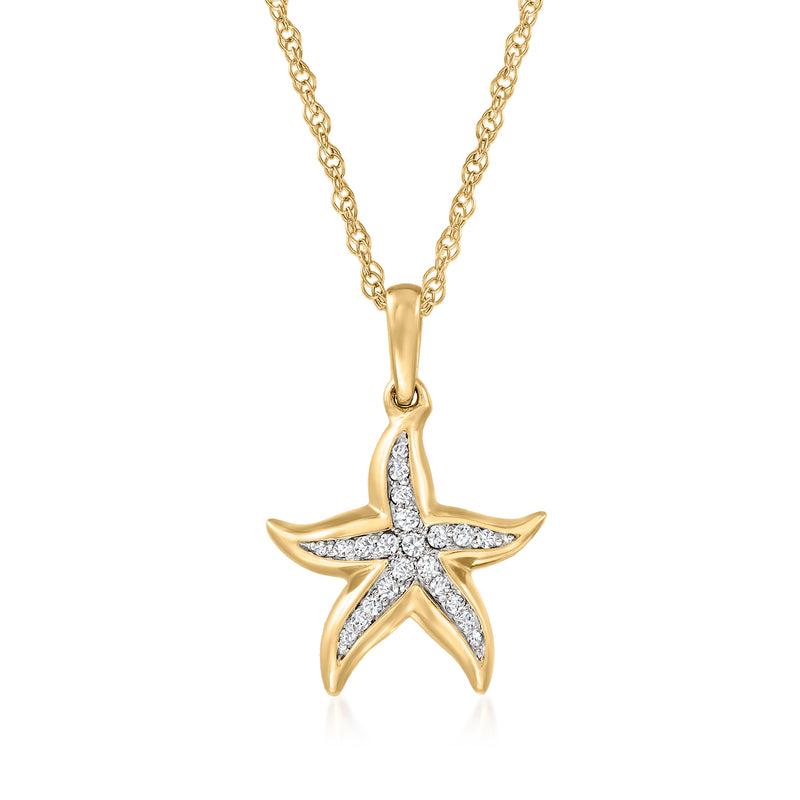 Gold starfish pendant necklace with small clear stone accents on a fine chain