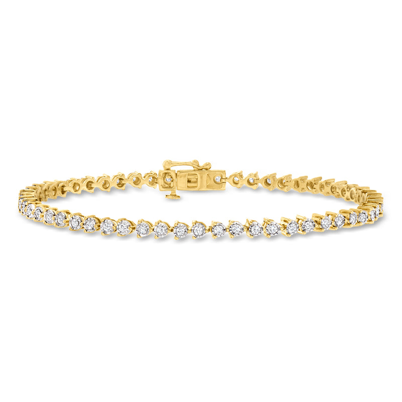 18kt gold over sterling tennis bracelet with round diamond-like stones and box clasp