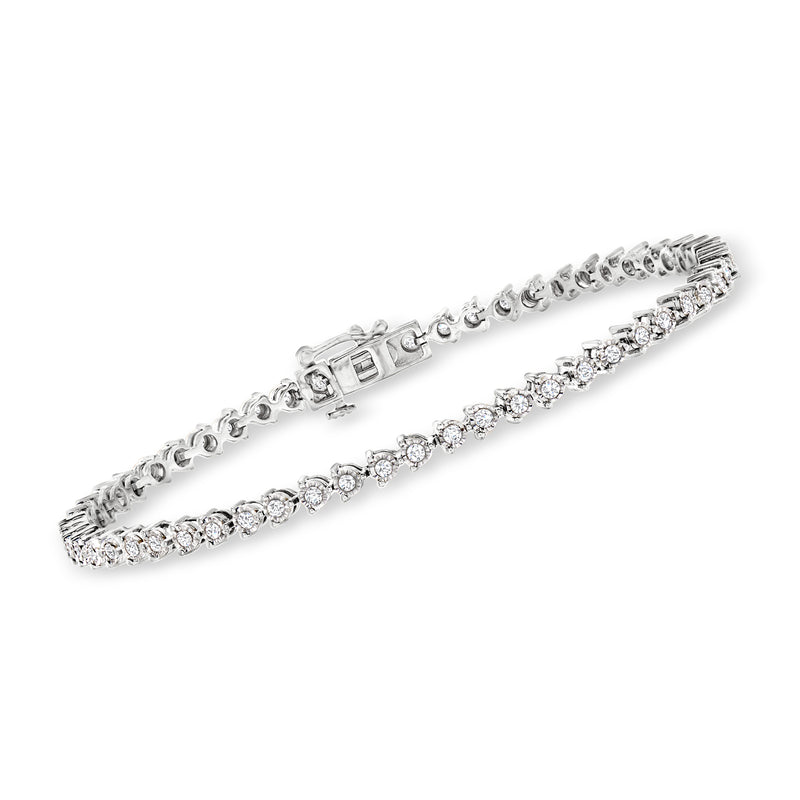 Sterling silver diamond tennis bracelet with round clear stones in a straight row