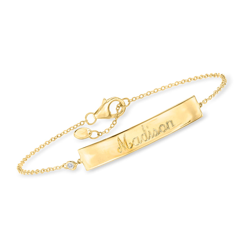 14kt yellow gold personalized curved bar bracelet with diamond accent and engraved name