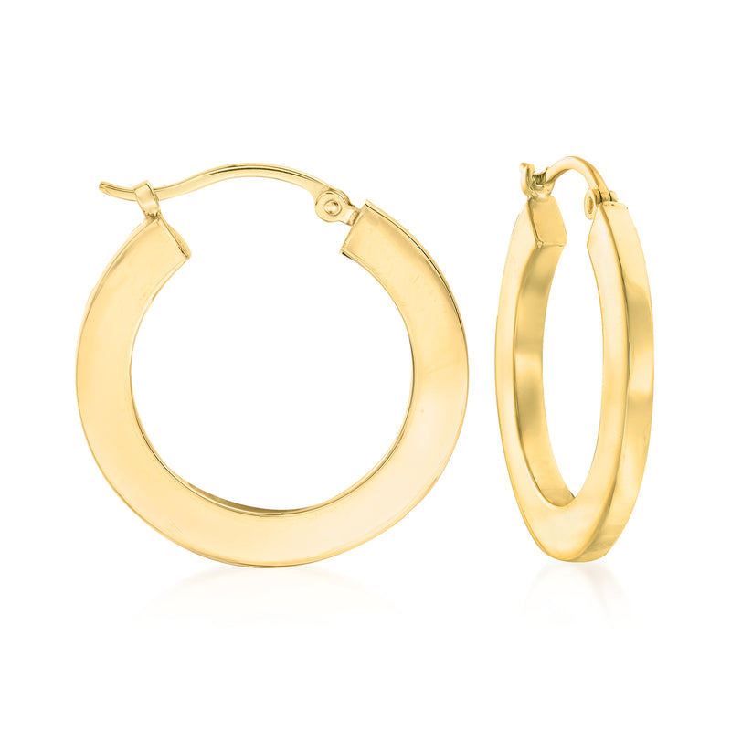14kt yellow gold flat hoop earrings, hinged snap closure, oval hoops
