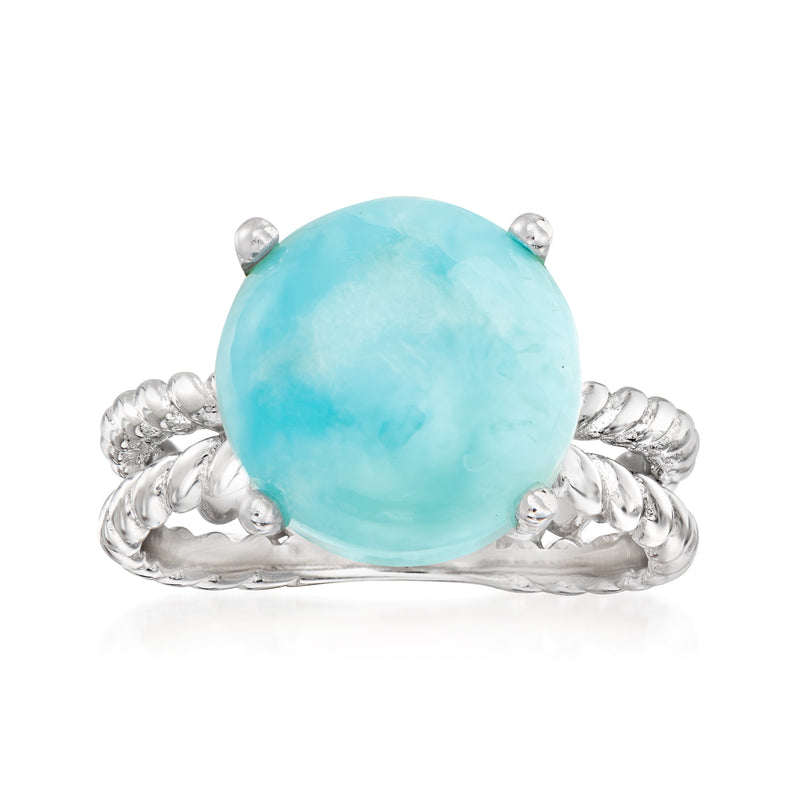 Sterling silver rope-style open ring with round sky-blue Larimar gemstone