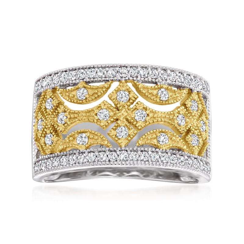 Diamond openwork ring with silver band, 18kt gold over sterling, round stones