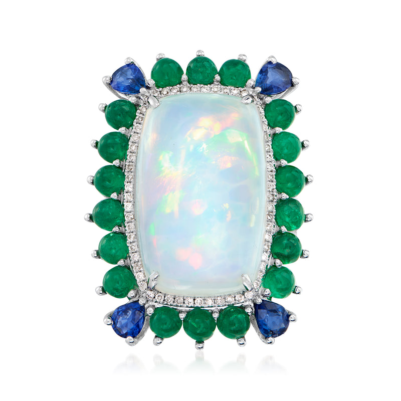 Opal halo ring with emerald-green and blue gemstones in 18kt white gold, diamond accents