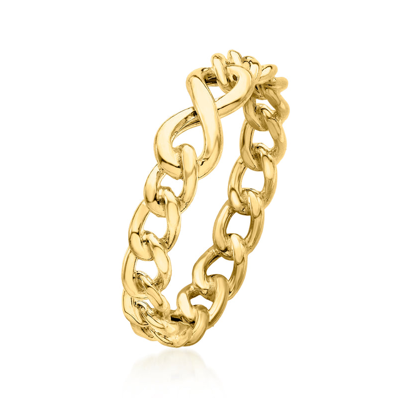 Yellow gold infinity curb-link ring band, side view with linked infinity motif