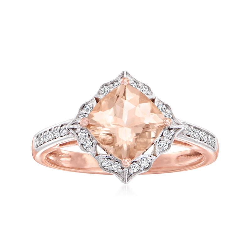 14kt rose gold ring with cushion-cut morganite center and diamond halo