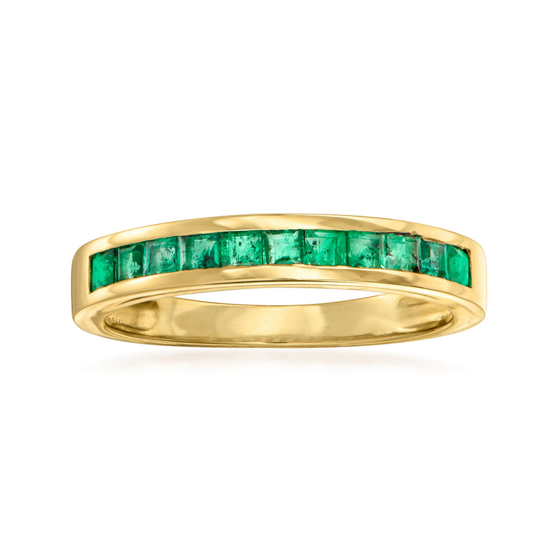 14kt yellow gold emerald ring with green gemstone channel-set band