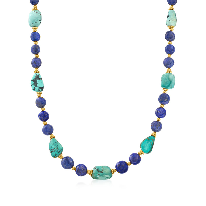 Lapis and turquoise bead necklace with gold over sterling beads and settings